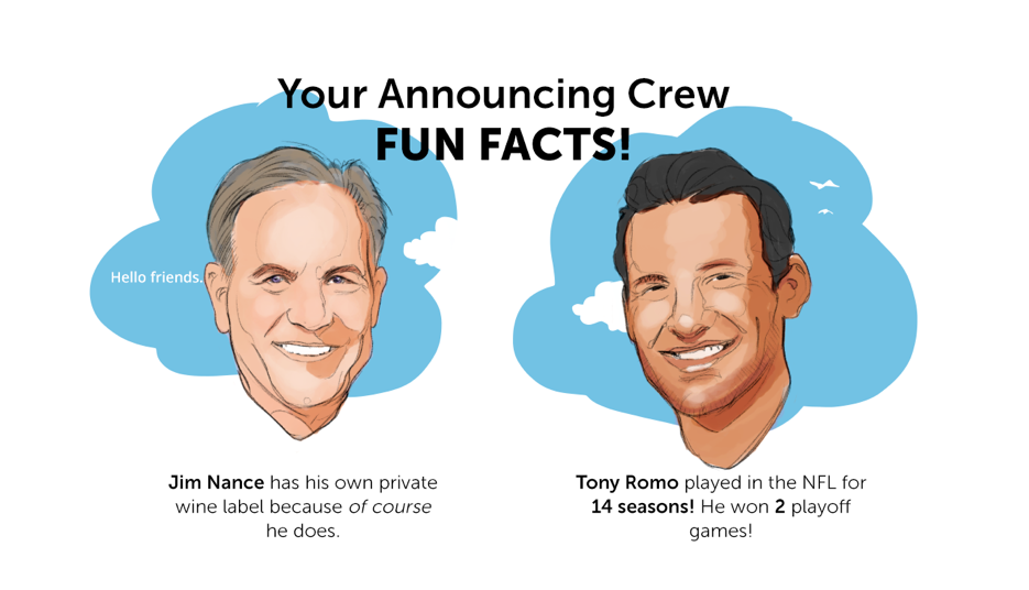 Your Announcing Crew Fun Facts! Jim Nance has his own private wine label because of course he does. Tony Romo played in the NFL for 14 seasons! He won 2 playoff games!