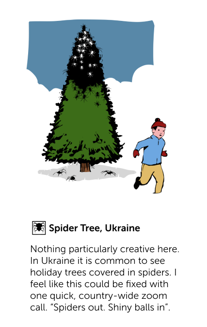 Spider Tree, Ukraine - Nothing particularly creative here. In Ukraine it is common to see holiday trees covered in spiders. I feel like this could be fixed with one quick, country-wide zoom call. 'Spiders out. Shiny balls in'.